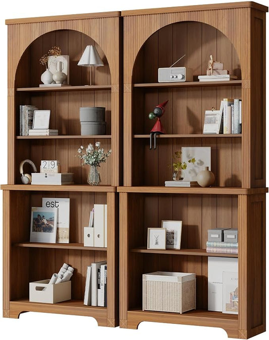 Janmer Home 71'' Tall Arched Bookshelf, Mid Century Modern Curved Bookcase with 5-Tier Storage Shelves, Freestanding Open Display Shelf for Home Office, Living Room (Walnut, 71inch-2PC)