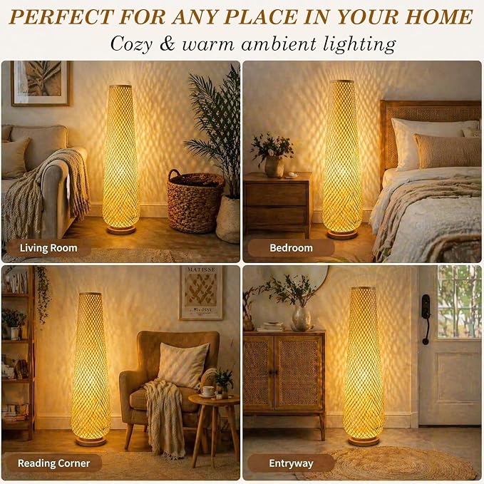MIXL-Farmhouse Style Bamboo Floor Lamp,Large Wicker Indoor Floor Light,Boho Standing Light Plug in,Modern Minimalist Standing Lamp for Living Room Bedroom