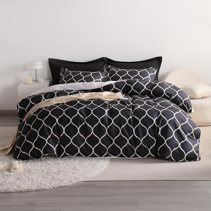 NTBAY 3 Pieces Curve Pattern Duvet Cover Set, Brushed Microfiber Soft Black and Beige King Duvet Cover Set, Reversible Zipper Comforter Cover with Ties and 2 Pillow Shams