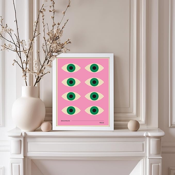 Poster Master Bauhaus Poster - Green Eyes Print - Graphic Design Art - Geometric Art - Chic Boho Art - Mid Century Modern Art - Abstract Art - Living Room or Bedroom Decor - 8x10 White Framed