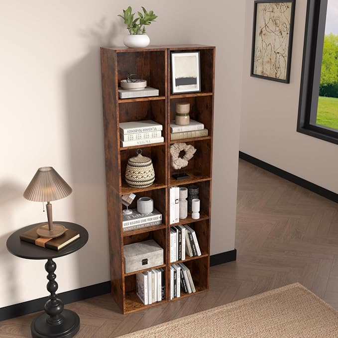 6-Tier Wooden Cube Storage Organizer, 62 Inch Tall Bookcase & Display Shelf with 6 Open Cubes, Freestanding DIY Closet Shelving Unit for Living Room Office(Retro Brown, 6 Cube-W(11.8inch)