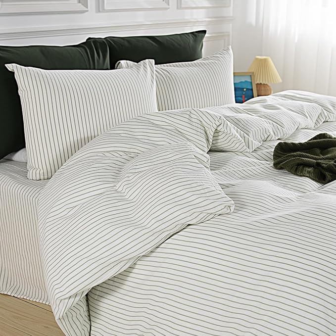 NEXHOME PRO Striped Duvet Cover Oversized King,100% Washed Cotton Bedding Set,Textured Linen Feel,Breathable,Organic,3 Piece(Green Stripes 120x98)
