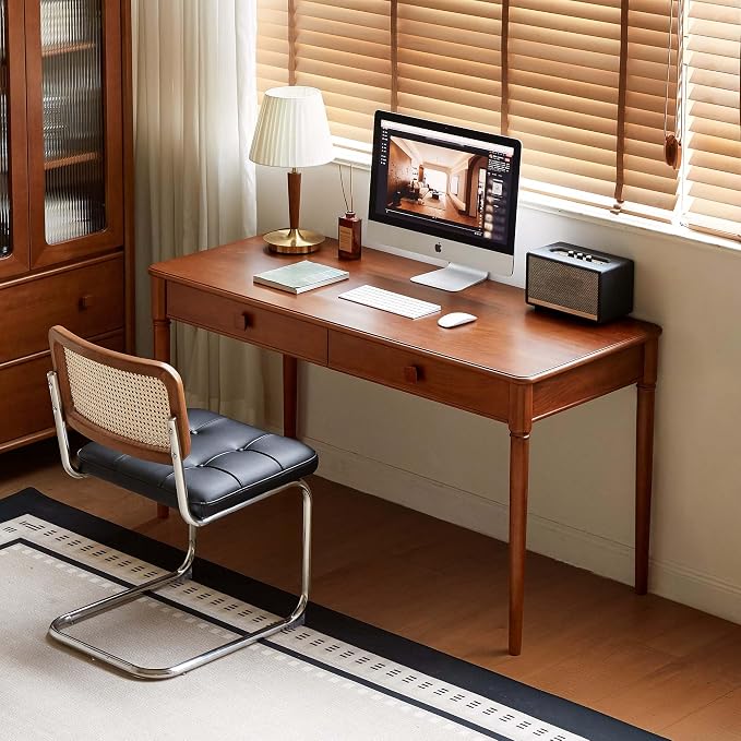 100% Solid Wood Desk Home Office Desk Mid Century Modern Writing Computer Desk with Drawer (55.1")