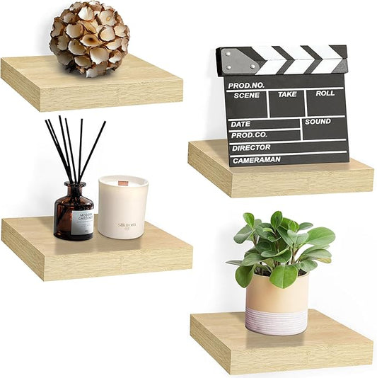 Sorbus 9X9 Inch Floating Shelves for Wall – Square Floating Shelf with Invisible Mounting Bracket for Kitchen, Bedroom, Living Room & Bathroom Decor – Rustic Showcase Wall Shelf (Maple Wood, 4 Pack)