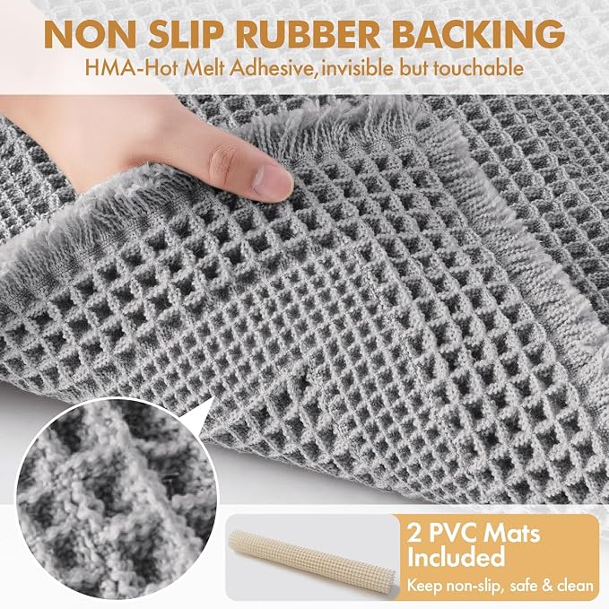 MIULEE Set of 2 Waffle Bathroom Rugs, Boho Bath Rug Super Absorbent, Non Slip Washable Ultra Soft Rubber Backed Shower Bath Mats for Floor, Tub, Shower, Looped Design, Light Grey, 17x24 Inch