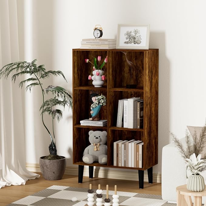 6 Cube Bookcase, Wooden Book Shelf Cube Storage Organizer with Legs, 3 Tier Bookshelf Freestanding Open Shelves for Bedroom, Living Room and Home Office (Brown, 6 Cube Vertical)