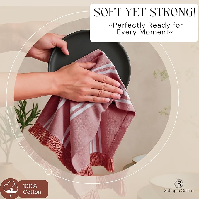 Stripe Kitchen Dish Towels 12 Pack, 16x26 Inches, Quick Drying Cloths, 100% Cotton, Absorbent Wash Rags, Washable and Reusable, Cleaning Towels for Dishes, Everyday Drying Use - Rust