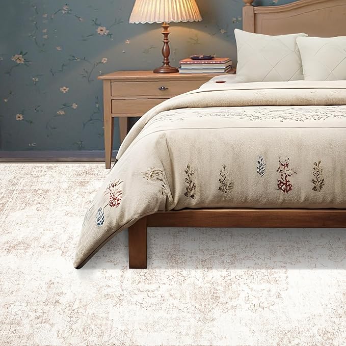 Area Rug 6x9 Vintage Rug: Washable Indoor Medallion Rugs Low Pile Distressed Floor Carpet Retro Accent Rug for Living Room Bedroom Kitchen Dining Table Home Office(Retro Beige, 6'x9')