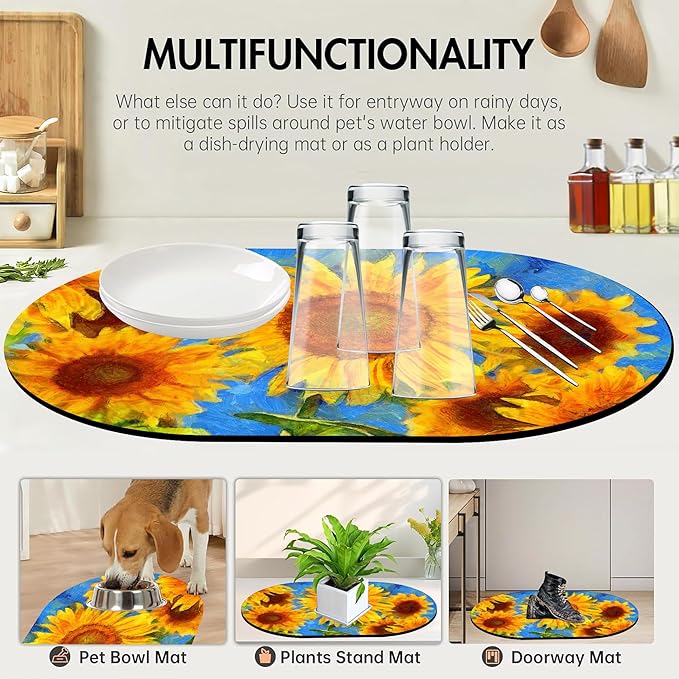 Abstract Sunflower Oval Bath Mat Diatomaceous Mud Mats with Rubber Backing Ultra Soft Washable 23.6"×15.7" Quick Dry Thin Bath Rugs for Bathroom Floor Bathtub Vanity Easy Care