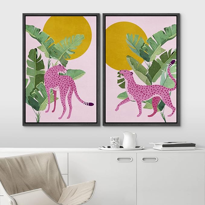 IDEA4WALL Framed Canvas Print Wall Art Set Tropical Jungle Banana Leaf Pink Cheetah Cat Nature Wilderness Digital Art Modern Art Decorative Animal for Living Room, Bedroom, Office - 24"x36"x2 Black