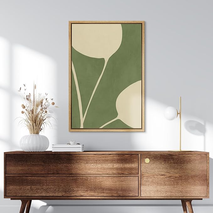 SIGNLEADER Framed Canvas Print Wall Art Minimal Botanical Curves in Green and Cream Abstract Illustration Modern Art Decorative Zen for Living Room, Bedroom, Office - 16"x24" NATURAL