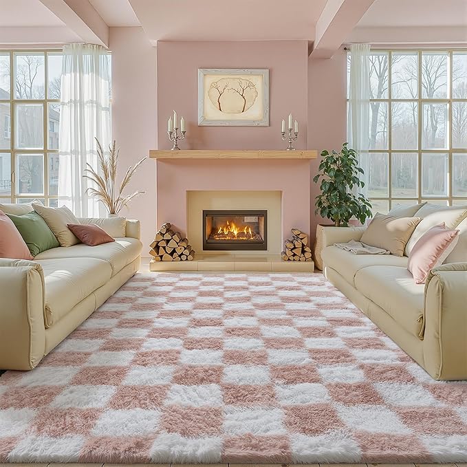 Checkered Rug 7x10 for Living Room, Pink and White Modern Shag Rug Washable Non-Slip Large Area Rug Super Soft Indoor Fuzzy Carpet Fluffy Rugs for Bedroom Home Aesthetic Decor