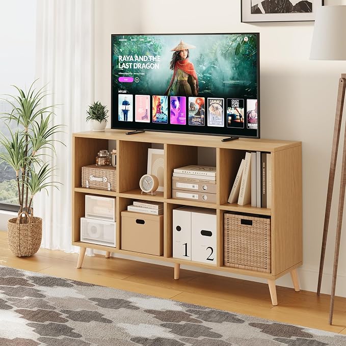 8 Cube Storage Organizer, Mid-Century Modern Wooden Bookcase with 5 Solid Wood Legs, Horizontal Cubby Bookshelf Fits 11 Inch Bins, Versatile Console TV Stand for Living Room, Kids Room, Natural