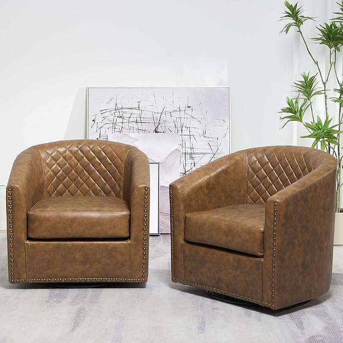 KINWELL 29" Wide Tufted Faux Leather Swivel Barrel Chair Set of 2, PU Leather Modern Upholstered Accent Chairs with Nailhead Trim, Small Armchair for Living Room Bedroom, Coffee