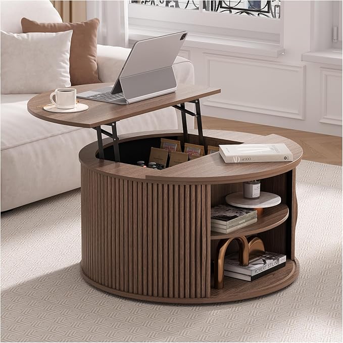 31.5" Round Lift Top Coffee Table, Mid Century Modern Walnut Center Table with Hidden Storage, Fluted Drum Wood Design for Small Living Room & Apartment
