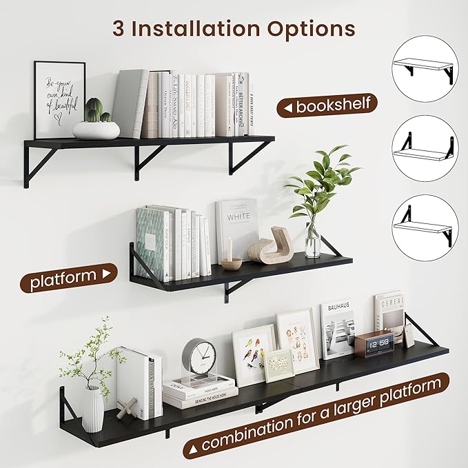 Axeman Deep Floating Shelves | 36 Inch Black Wall Shelves Set of 2 | 10 Inch Deep Wood Floating Shelves for Wall | 36" W x 10" D Black Shelves for Living Room Bathroom Kitchen