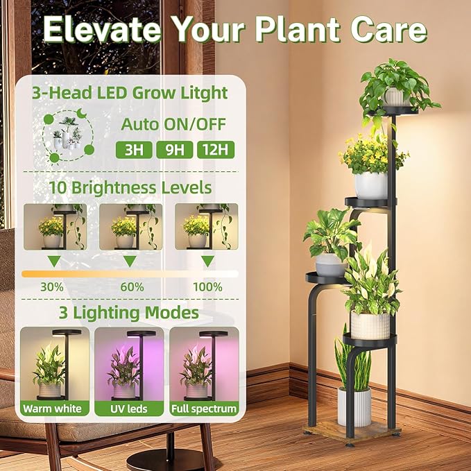 iDavosic.ly Tall Plant Stand Indoor with Grow Light, 4 Tier Corner Multiple Flower Holder Shelf with Metal Trays, Space Saving Display Rack for Living Room Balcony Patio Porch | Black & Brown