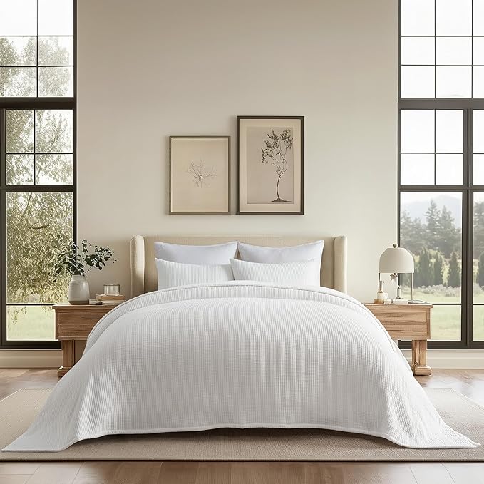 EVERGRACEHOME Cotton Gauze Full Queen Bedspread, Ultra Soft Prewashed Pick Stitch Matelassé Coverlet, Lightweight Textured Oversized Queen Quilt Bedding Set for All Season, w/2 Shams, White