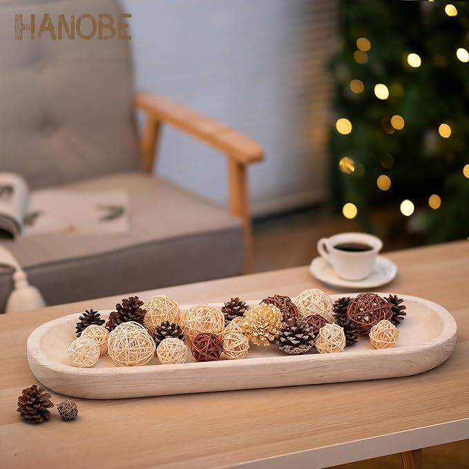 Hanobe Decorative Bowl Large Wooden: 25.5" Extra Long Wood Dough Bowls for Entry Way Table - Farmhouse Coffee Table Decor - Rustic Dining Table Centerpiece Decor, White