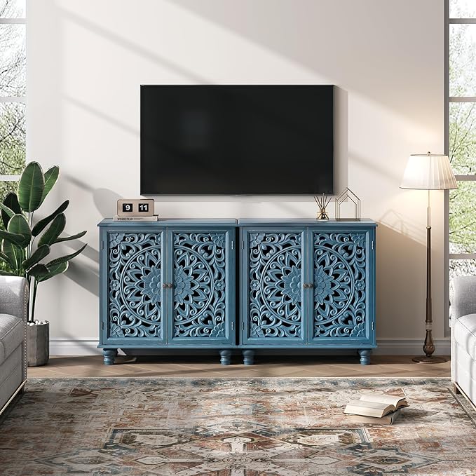 Blue Accent Cabinet with Carved Doors, 31" Storage Cabinet for Entryway & Living Room, Vintage Sideboard Buffet Table with Adjustable Shelf, Solid Wood Legs, Boho Home Decor