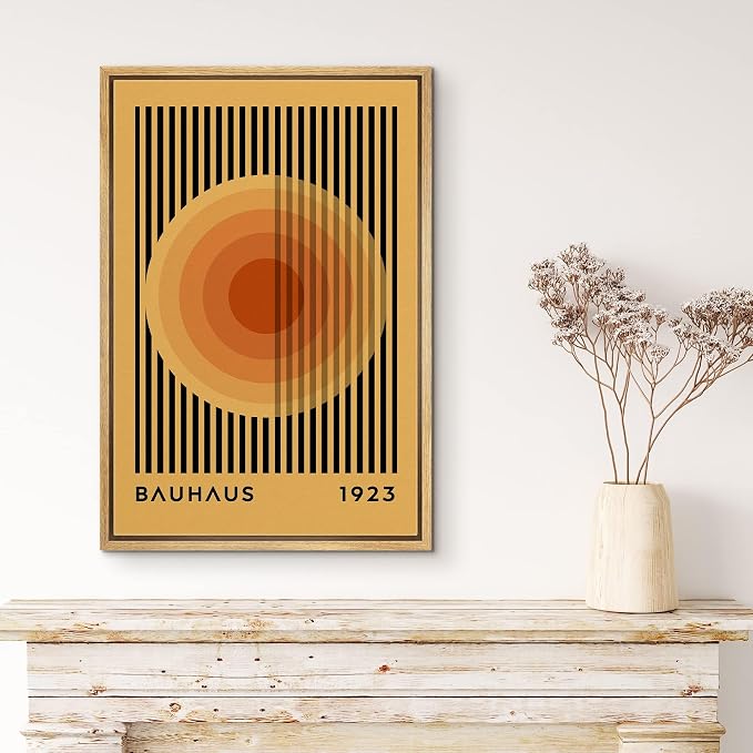 MUDECOR Framed Canvas Print Wall Art Mid-Century Bauhaus Multicolor Orange Circle Shapes Abstract Illustrations Modern Art Multicolor Relax for Living Room, Bedroom, Office - 24"x36" Natural