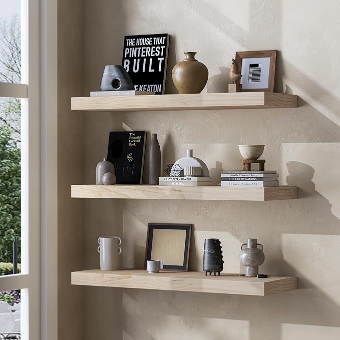 Fun Memories Farmhouse Floating Shelves - 8 Inch Deep Rustic Wood Wall Shelf - Premium Solid Wood Storage Shelf - 24" W x 8" D - Set of 2 - No Stain - Natural Unfinished for DIY