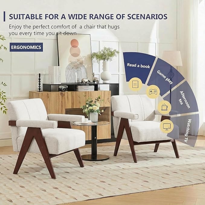 AODAILIHB Mid Century Modern Accent Chair Set of 2, Solid Wood Frame White Linen Armchairs, Modern Reading & Living Room Chairs for Office Guest & Waiting Room