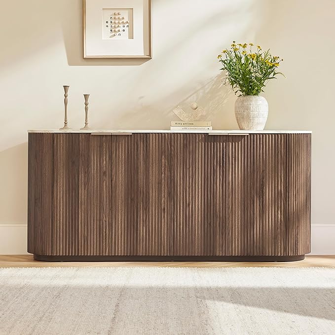 CHITA 70" Sideboard Buffet Cabinet with Storage, Living Room Accent Cabinet with Doors and Adjustable Shelves, for Bar, Kitchen, Walnut - Faux Marble
