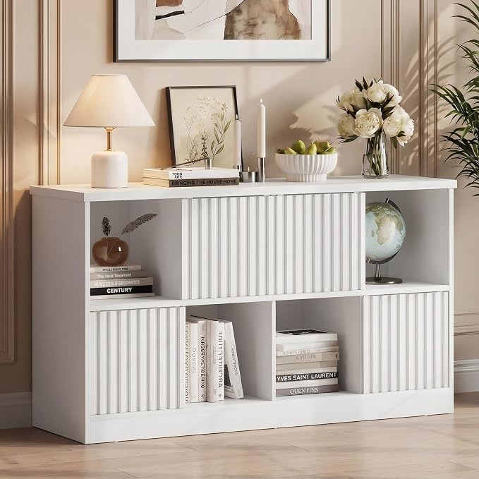 Einhomn 8 Cube Storage Organizer with Sliding Doors, Modern Fluted Bookshelf with Storage Cabinet, Wooden Bookcase with 4 Open Shelves for Living Room, Home Office, Bedroom, White