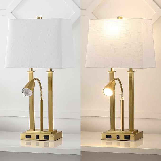 JONATHAN Y 23.75" Brass Gold 2-Light Modern Farmhouse LED Table Lamp with USB, White Linen Shade, AC Outlet, Adjustable Reading Light for Bedside Nightstand and Living Room (JYL1144B)