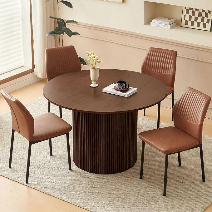 Dining Table Set for 4, 47" Wooden Round Kitchen Table with PU Leather Chairs for Kitchen Room and Small Spaces(Walnut Table + 4 Brown Chairs)