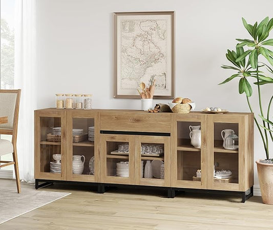 WAMPAT 3 in 1 Modern Sideboard with Adjustable Shelves and Drawer,Storage Cabinet with Glass Doors, Coffee Bar Cabinet for Living Room, Kitchen, Oak