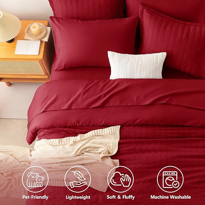 CozyLux Twin XL Comforter Set for College Dorm, 5 Pieces Dark Red Seersucker Twin Extra Long Bed in a Bag, Down Alternative Bedding Set with Comforter, Sheets, Pillowcase & Sham, Back to School Gift
