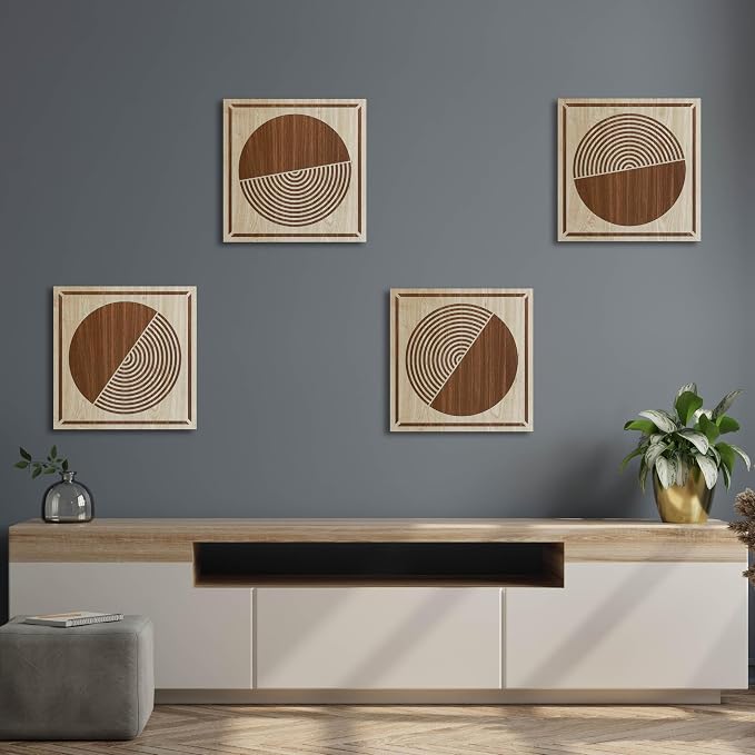 4 Piece Mid Century Modern Wood Wall Art Set, Geometric Boho Patterns for Eclectic and Maximalist Style, Wall Decor for Trendy Rooms