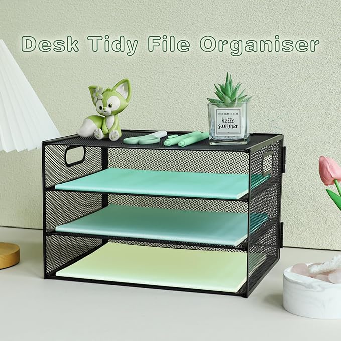 Paper Letter Tray with Handle, 3 Tier Metal Mesh Desk File Organizer, A4 Paper Desktop Filing Trays, Desk Tidy Magazine Document Holder for Home Office, Black
