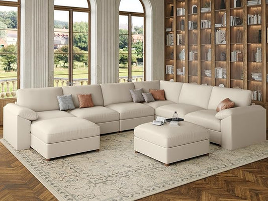 EASE MOOSE Leather Sectional Couch, Oversized Faux Leather Sectional Sofa, Wide Deep Modular Couch, Scratch Resistant Material Sofas, U Shaped Couch,Beige