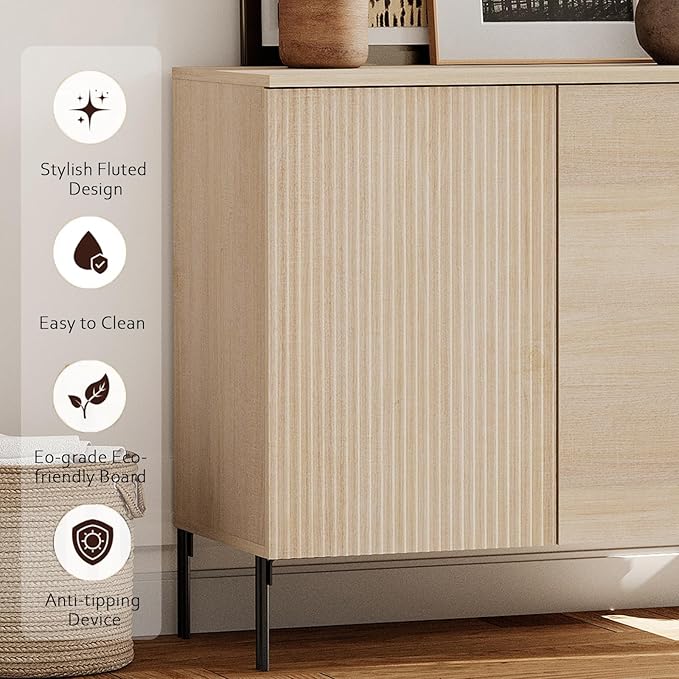 WAMPAT 63" Sideboard Buffet Cabinet with 4 Doors and Adjustable Shelves, Fluted Storage Cabinet, Modern Credenza Coffee Bar Wine Bar Table for Kitchen, Dining Room, Living Room,Beige