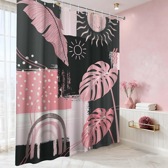 Pink and Gray Mid Century Modern Shower Curtain Bohemian Abstract Light Pink and Grey Shower Curtains for Bathroom Decor Sets, Waterproof Cloth Fabric with Hooks, 70x78 Inch
