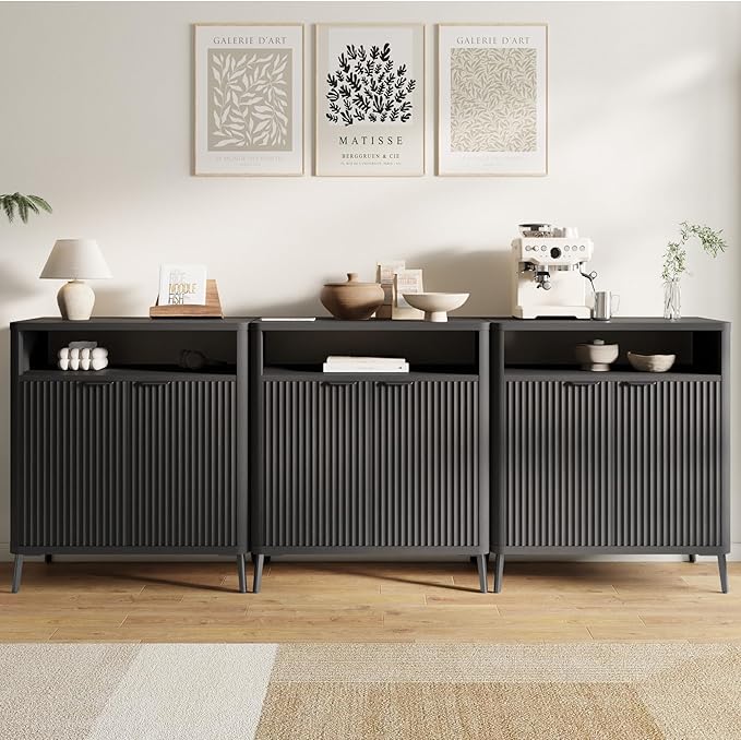 Buffet Sideboard Cabinet with Storage Set of 2, Fluted Coffee Bar with 2 Doors and Adjustable Shelves, 34'' Modern Wood Cabinet for Dinning Room, Kitchen, Living Room,Coffee Bar(Black Grey)