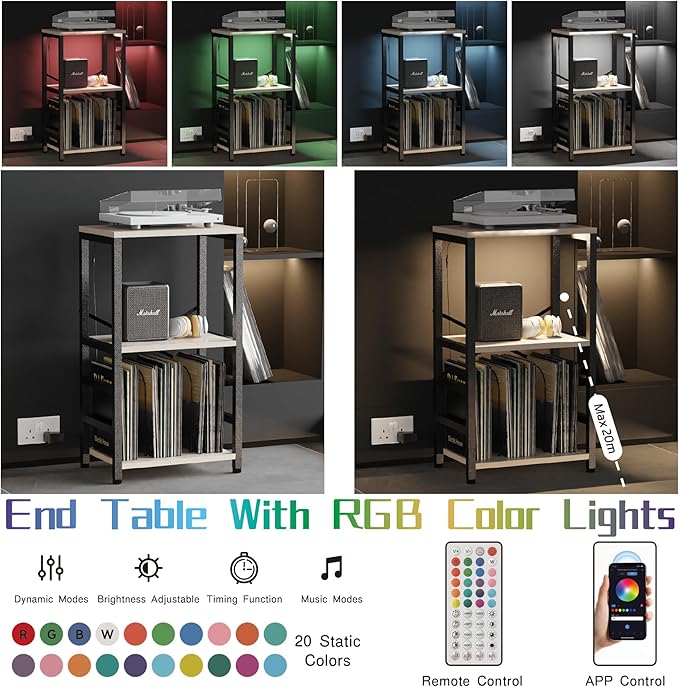 YAKANJ End Table with LED Light,Record Player Stand with Albums Storage,Vinyl Records Storage,Turntable Stand Side Table for Music Room Studio Living Room Bedroom-Greige