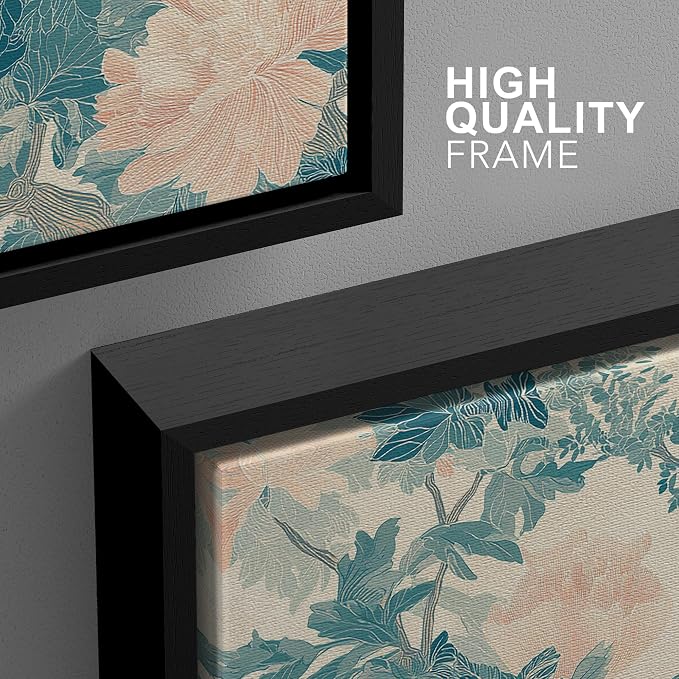 wall26 Framed Print Wall Art Set Elegant Blue Bird and Peony Floral Pattern Decorative Minimal Relax/Zen for Living Room, Bedroom, Office - 24"x36"x3 BLACK