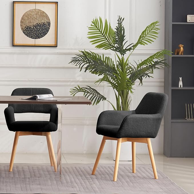 Mid Century Modern Dining Chairs Set of 2 & 4 & 6 Comfy Accent Chair Upholstered Kitchen Dining Living Room Chairs for Bedrooms Waiting Room Home Arm Desk Chair No Wheels (Wool Black, 2)