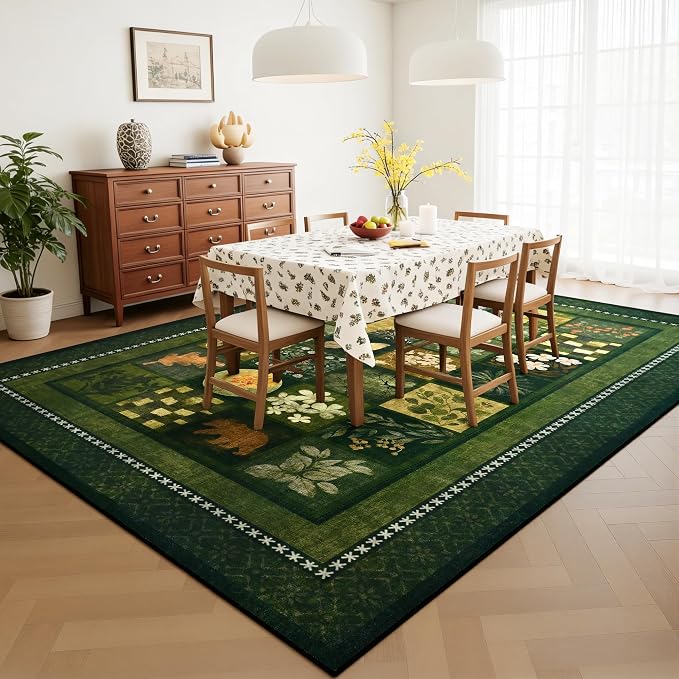Tepook 5x7 Area Rugs for Living Room, Modern Large Geometric Rug for Bedroom, Washable Patchwork Rug Indoor Non Slip Throw Carpets for Dining Room Office Farmhouse Home Decor, Dark Green