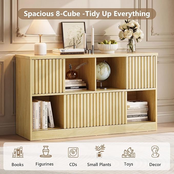 Einhomn 8 Cube Storage Organizer with Sliding Doors, Modern Fluted Bookshelf with Storage Cabinet, Wooden Bookcase with 4 Open Shelves for Living Room, Home Office, Bedroom, Natural