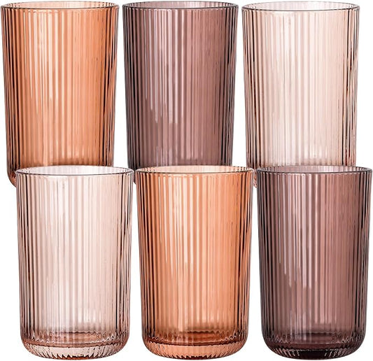 Melanin Colored Ribbed Highball Glasses Set of 6, 13.2oz Vintage Melanin Colored Glassware, Drinking Glasses for Water, Juice, Iced Coffee, Cocktails, Ribbed Glass Cups, Housewarming Christmas Gift