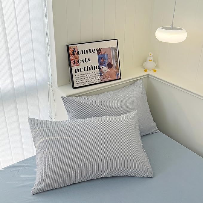 mixinni Blue Striped Duvet Cover Twin Size - 100% Washed Cotton Pinstripe Comforter Cover with Zipper Closure, Lightweight & Breathable, 3 Pieces Minimalist Stripes Pattern Printed Bedding Set