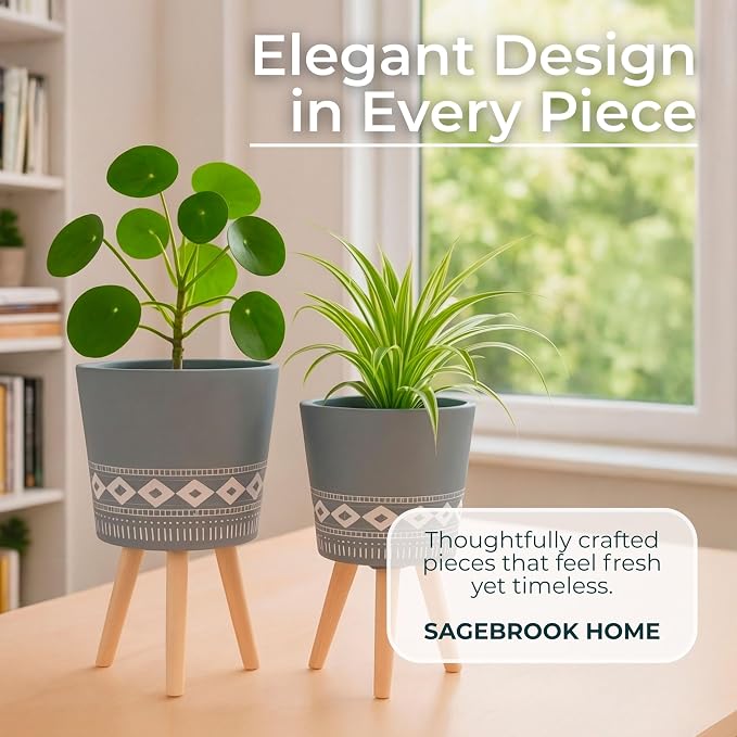 Set of 2 Resin Planters with Stands – Plant Stand Indoor Display, Outdoor Decor – Living Room Or Patio Placement – Mid–Century Style Plant Stand Home Decor – 12" & 10", Gray