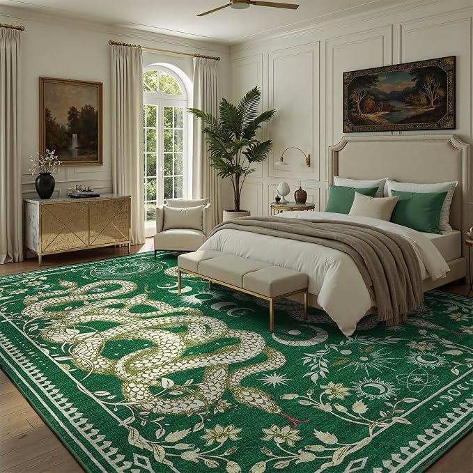 DCX Washable 9x12 Snake Rug, Green Gothic Rug for Living Room, Soft Low Pile Carpet, Kid & Pet Friendly with Rubber Back Non Slip, Stain Resistant Rug for Bedroom Dining Room Office