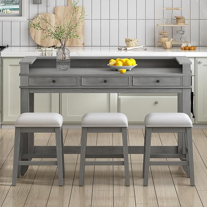 P PURLOVE 4 Piece Dining Bar Table Set with 3 Stools, Multifunctional, Industrial Style, USB Port, Space Saving, Solid Wood, Easy Assembly