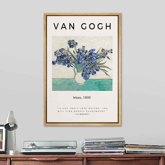 SIGNLEADER Framed Canvas Print Wall Art Van Gogh Irises 1890 Decorative Brushstroke Illustrations Fine Art Colorful Multicolor Warm for Living Room, Bedroom, Office - 16"x24" Natural
